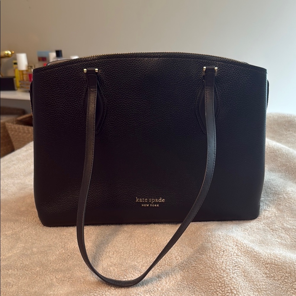 kate spade Black Pebbled Leather Shoulder Tote with Gold Logo